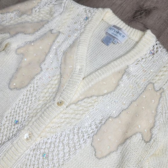 vintage 90s beaded sequin angora lambswool blend chunky knit cardigan sweater S - Picture 4 of 9